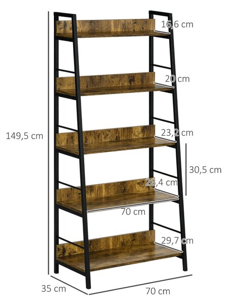 HOMCOM Knihovna v industriálním stylu, nakloněná, 5 polic, 70L x 35W x 150H cm | Aosom