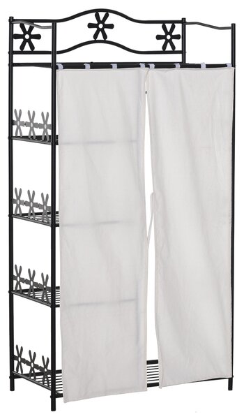 HOMCOM Šatní skříň pro dospělé s 5 policemi, oblečení a šatní tyčí, 84L x 42W x 159H cm, kovová černá s 2 bílými závěsy | Aosom