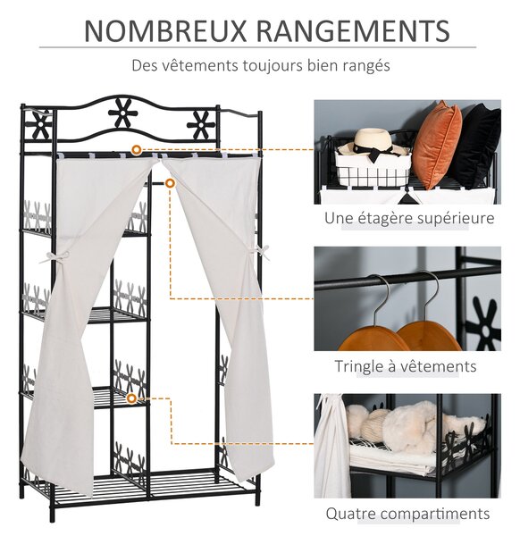 HOMCOM Šatní skříň pro dospělé s 5 policemi, oblečení a šatní tyčí, 84L x 42W x 159H cm, kovová černá s 2 bílými závěsy | Aosom