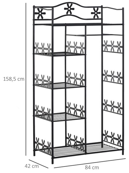HOMCOM Šatní skříň pro dospělé s 5 policemi, oblečení a šatní tyčí, 84L x 42W x 159H cm, kovová černá s 2 bílými závěsy | Aosom
