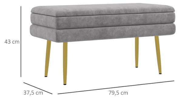 HOMCOM Úložná lavice, lavice na konci postele, úložný box s sametovým sedákem a ocelovými nohami, 79,5 x 37,5 x 43 cm, Šedá a zlatá | Aosom