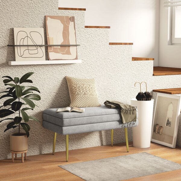 HOMCOM Úložná lavice, lavice na konci postele, úložný box s sametovým sedákem a ocelovými nohami, 79,5 x 37,5 x 43 cm, Šedá a zlatá | Aosom