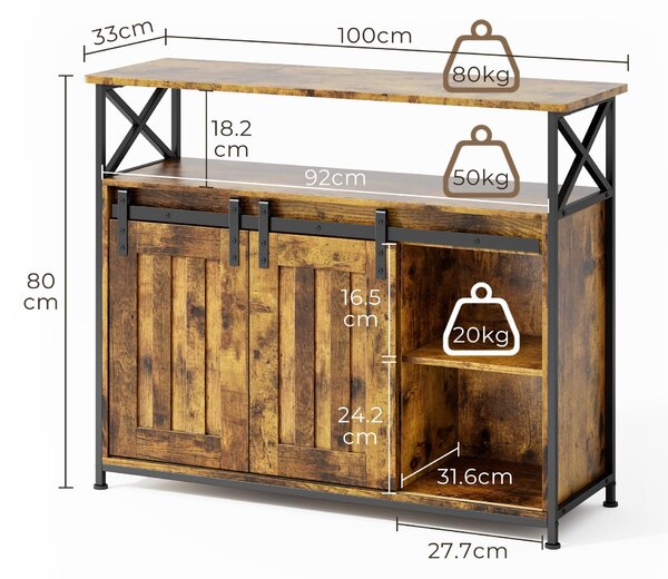 BEALIFE AP56 Příborník, kuchyňská skříňka, úložná skříňka, se 2 posuvnými dveřmi, 33 x 100 x 80 cm, nastavitelné police, venkovský styl, vintage hnědá barva