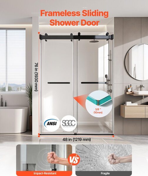 VEVOR Bezrámové sprchové dveře (1219 x 19330 mm/š x v), posuvné dveře z 10 mm silného čirého bezpečnostního skla s nerozbitným nano povlakem, posuvné sprchové dveře včetně kolejnice, těsnicí lišty a montážní sady