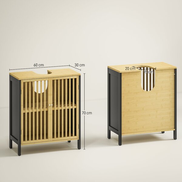 HOMCOM Podložková skříňka pod umyvadlo, koupelnová skříňka se zásuvkami 60 x 30 x 70 cm v černé a přírodní bambusové barvě | Aosom