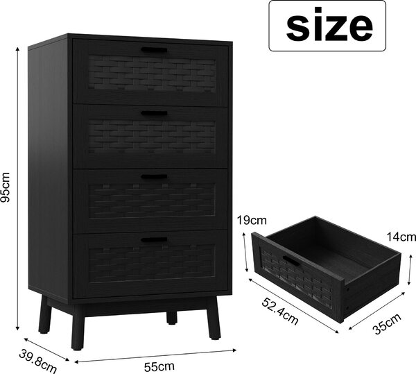 UnboxG Černá komoda 55×40×95 cm – 4 PVC zásuvky s ratanovým vzhledem, dřevěné desky E1, nohy z kaučukového dřeva, úložný prostor do ložnice nebo obývacího pokoje