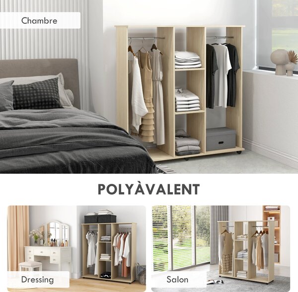 HOMCOM Mobilní skříň s úložným prostorem na 6 kolečkách 120 x 40 x 128 cm Přírodní dřevo | Aosom