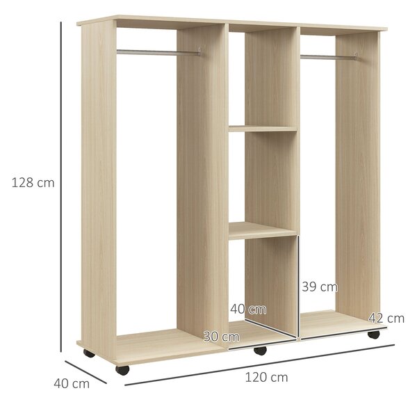 HOMCOM Mobilní skříň s úložným prostorem na 6 kolečkách 120 x 40 x 128 cm Přírodní dřevo | Aosom