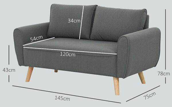 HOMCOM Dvou místná pohovka se 2 polštáři, čalouněná pohovka s extra hlubokými sedadly 54 cm, dvojitá pohovka v kordurové látce, malá pohovka s dřevěno