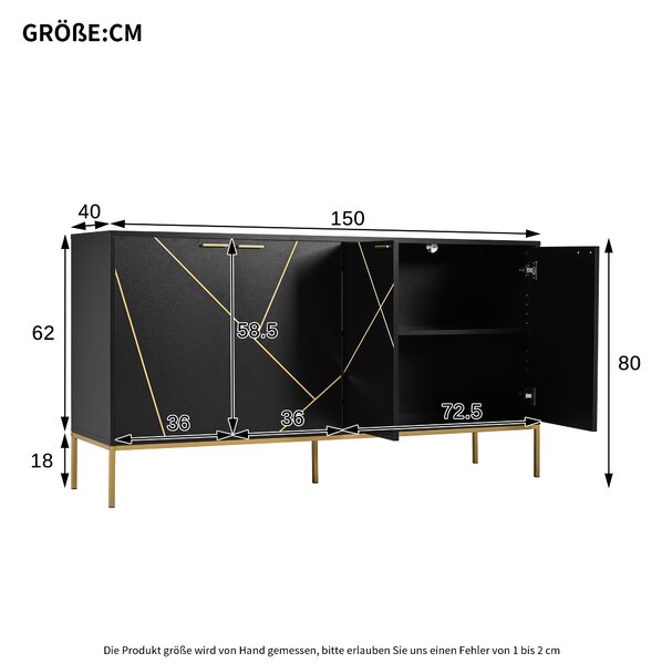 Flieks komoda se 4 dvířky, příborník v moderním stylu, příborník do předsíně 150x40x80 cm, černá barva