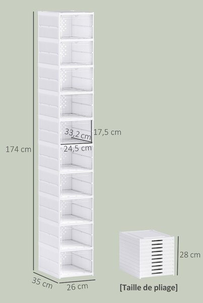 HOMCOM Sada 10 skládacích botníků, stohovatelné plastové úložné boxy na boty s víky, úložný prostor pro boty až do velikosti 43, bílá, 26x35x174cm | A