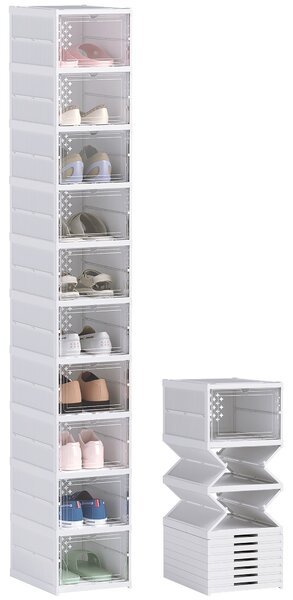 HOMCOM Sada 10 skládacích botníků, stohovatelné plastové úložné boxy na boty s víky, úložný prostor pro boty až do velikosti 43, bílá, 26x35x174cm | A