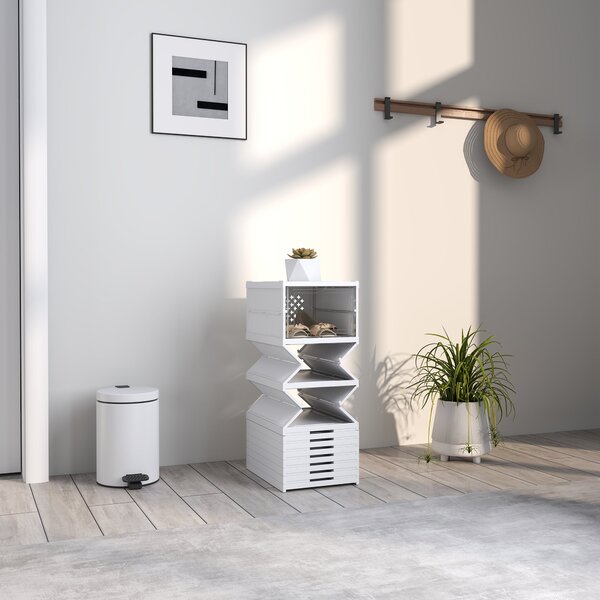 HOMCOM Sada 10 skládacích botníků, stohovatelné plastové úložné boxy na boty s víky, úložný prostor pro boty až do velikosti 43, bílá, 26x35x174cm | A