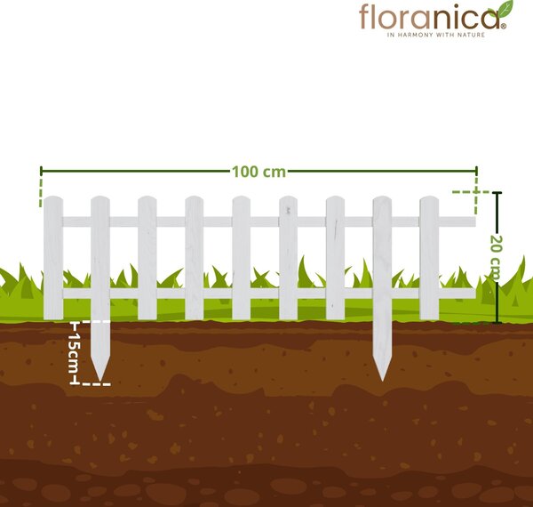 Floranica ozdobný plot ze dřeva 100 x 20 cm bílý (impregnovaný) zapichovací zahradní plot pro ohraničení záhonů, okraj trávníku