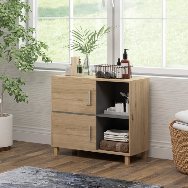 HOMCOM Koupelnová skříň, Úložná skříň s otevřenými oddíly a skříňkou, velikost koupelnové skříně 80D x 35Š x 70V cm, přírodní dřevo | Aosom