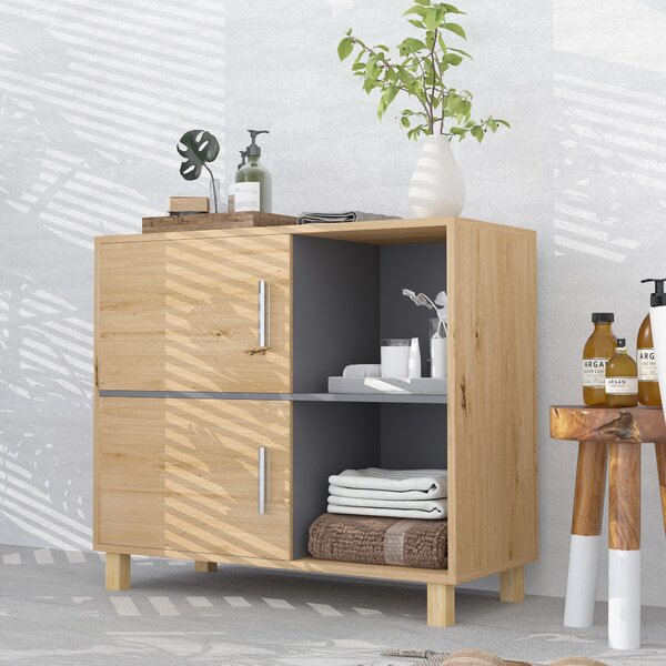HOMCOM Koupelnová skříň, Úložná skříň s otevřenými oddíly a skříňkou, velikost koupelnové skříně 80D x 35Š x 70V cm, přírodní dřevo | Aosom