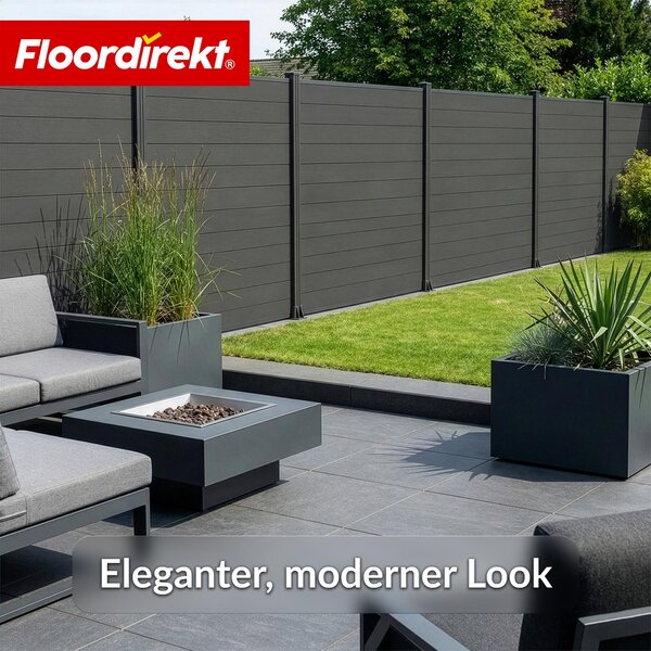 Floordirekt WPC plot Ponza 180x180cm černý moderní zahradní plot s hliníkovými sloupky odolný proti povětrnostním vlivům snadná údržba jako ochrana před zvědavými pohledy a větrem