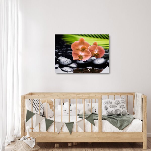 Skleněný obraz - Oranžová orchidej s palmovými listy (70x50 cm)