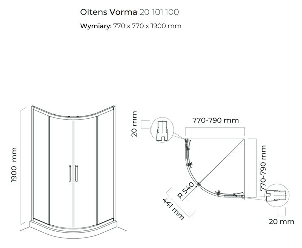 Oltens Vorma sprchový kout 80x80 cm půlkulatá chrom lesk/průhledné sklo 20101100