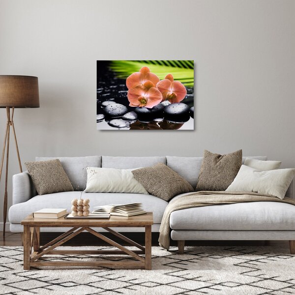 Skleněný obraz - Oranžová orchidej s palmovými listy (70x50 cm)