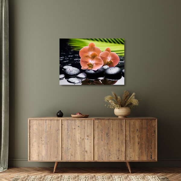 Skleněný obraz - Oranžová orchidej s palmovými listy (70x50 cm)