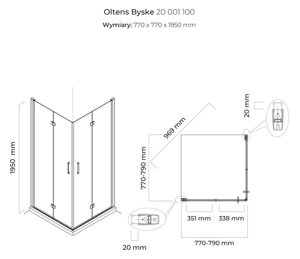 Oltens Byske sprchový kout 80x80 cm čtvercový chrom lesk/průhledné sklo 20001100