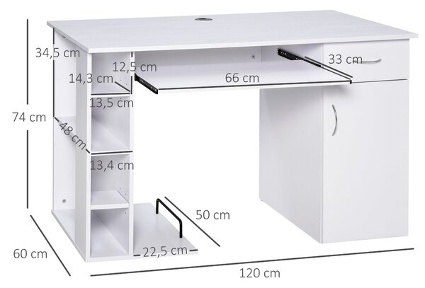 HOMCOM Počítačový stůl Multimedia Počítačový stůl s vícero úložnými policemi a zásuvkou, MDF 120 x 60 x 74 cm Bílý | Aosom