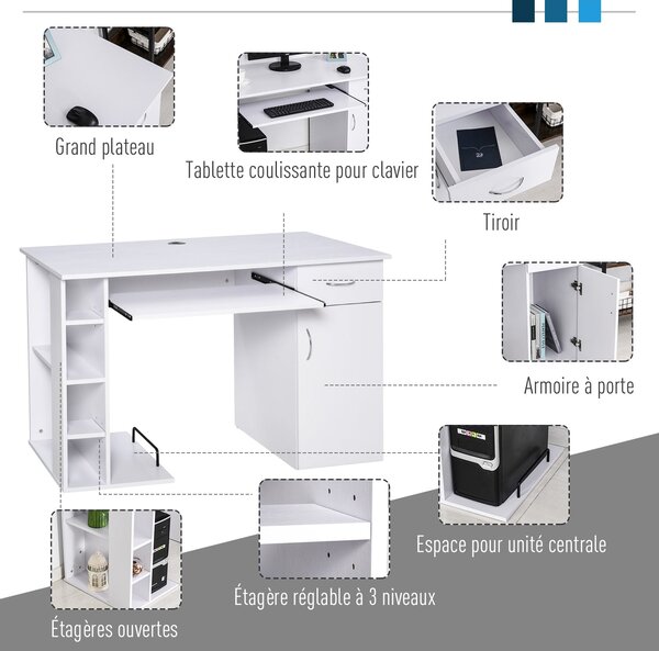HOMCOM Počítačový stůl Multimedia Počítačový stůl s vícero úložnými policemi a zásuvkou, MDF 120 x 60 x 74 cm Bílý | Aosom