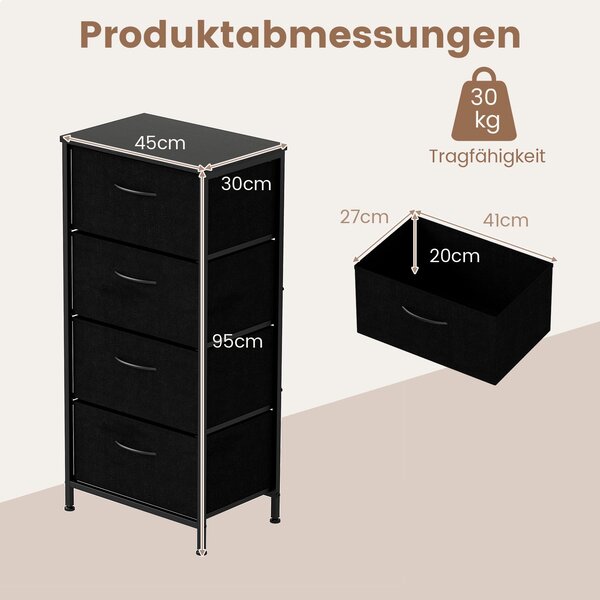 COSTWAY Komoda se 4 látkovými zásuvkami, zásuvková skříňka s dřevěnou deskou a kovovým rámem, komoda, příborník, úložná skříňka, černá barva