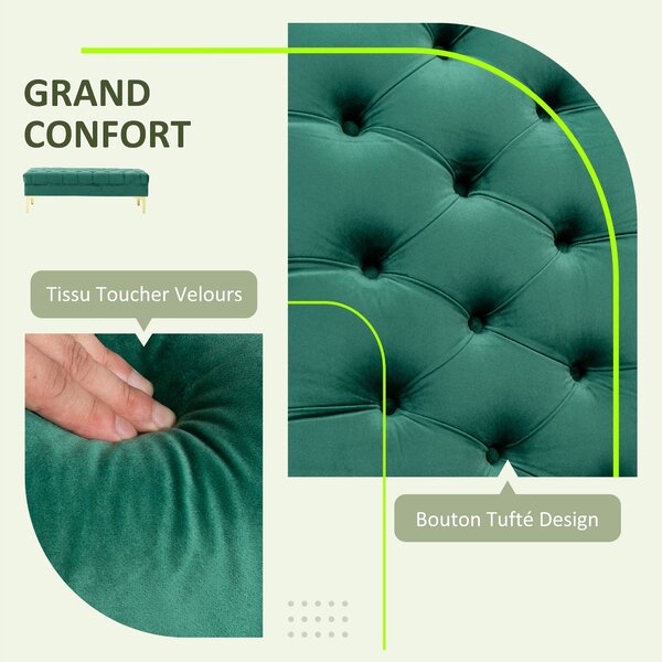 HOMCOM Klasická Chic Léčba Podnožka S Hlavou s Koupelí se Zlatý Skleněné Nohy - Zelený Velvet - 118D x 45Š x 42V cm | Aosom