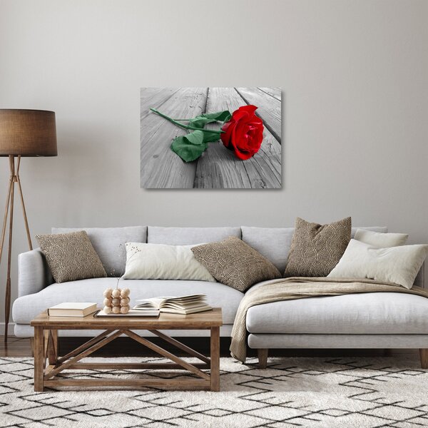 Skleněný obraz - Červená růže se zeleným stonkem (70x50 cm)