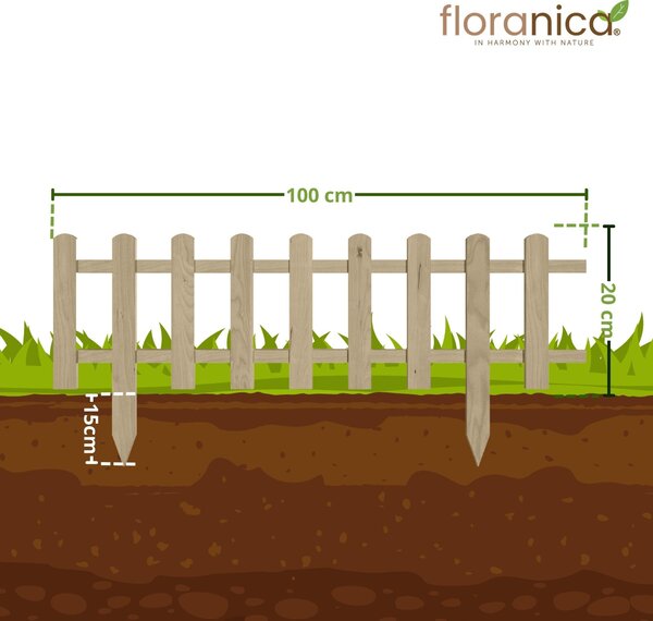 Floranica 4 ks ozdobný plot ze dřeva 100 x 20 cm neimpregnovaný zapichovací zahradní plot pro ohraničení záhonů, okraj trávníku