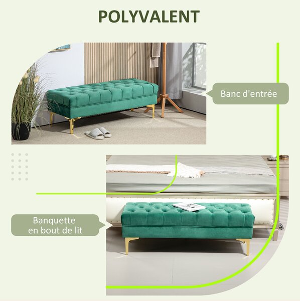 HOMCOM Klasická Chic Léčba Podnožka S Hlavou s Koupelí se Zlatý Skleněné Nohy - Zelený Velvet - 118D x 45Š x 42V cm | Aosom