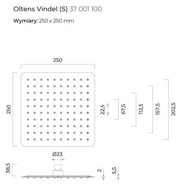 Oltens Vindel hlavová sprcha 25x25 cm čtvercový chrom 37001100