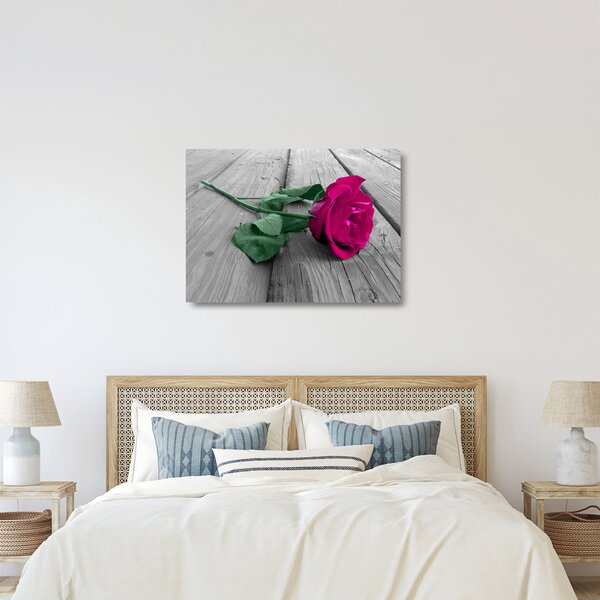Skleněný obraz - Růžová růže se zeleným stonkem (70x50 cm)