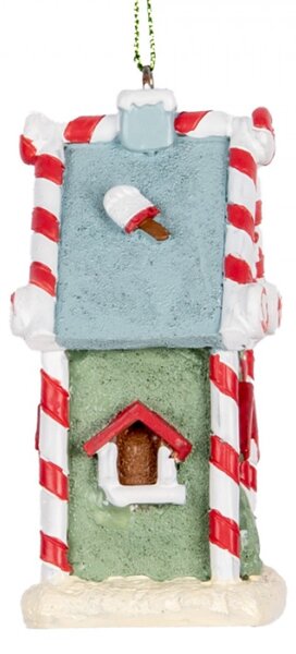 Zelená vánoční ozdoba perníkový domeček s pohádkovým červeno-bílým zdobením – 6x4x8 cm