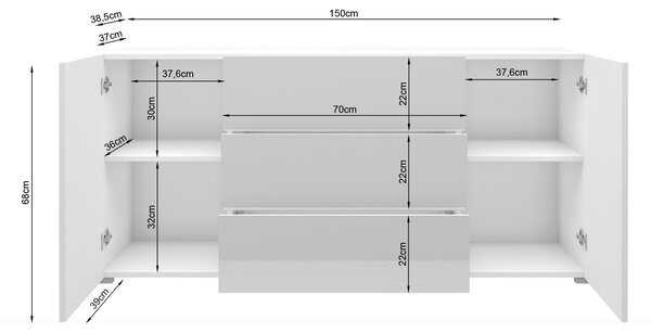 Komoda Berlin 150 cm bílý lesk - moderní se 3 zásuvkami a 2 skříňkami