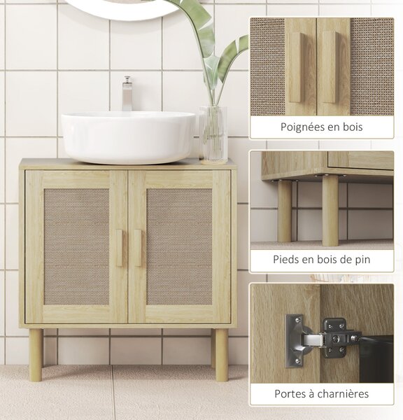 HOMCOM koupelnová skříňka pod umyvadlo, úložný prostor, ratanové dveře, bohémský styl, nohy z borovice, 2 úrovně, 60 x 30 x 60 cm, Dub | Aosom