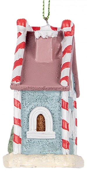 Modrá vánoční ozdoba perníkový domeček s pohádkovým červeno-bílým zdobením – 6x4x8 cm