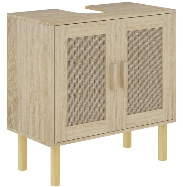 HOMCOM koupelnová skříňka pod umyvadlo, úložný prostor, ratanové dveře, bohémský styl, nohy z borovice, 2 úrovně, 60 x 30 x 60 cm, Dub | Aosom