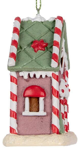 Růžová vánoční ozdoba perníkový domeček s pohádkovým červeno-bílým zdobením – 6x4x8 cm