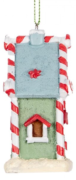 Zelená vánoční ozdoba perníkový domeček s pohádkovým červeno-bílým zdobením – 6x4x8 cm