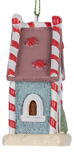 Modrá vánoční ozdoba perníkový domeček s pohádkovým červeno-bílým zdobením – 6x4x8 cm
