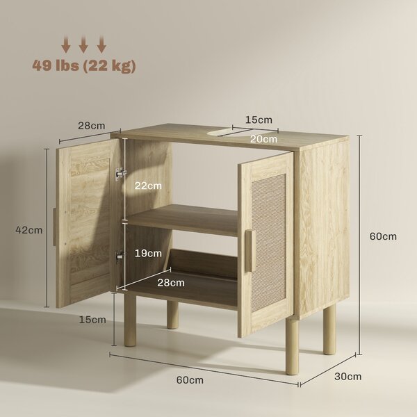 HOMCOM koupelnová skříňka pod umyvadlo, úložný prostor, ratanové dveře, bohémský styl, nohy z borovice, 2 úrovně, 60 x 30 x 60 cm, Dub | Aosom