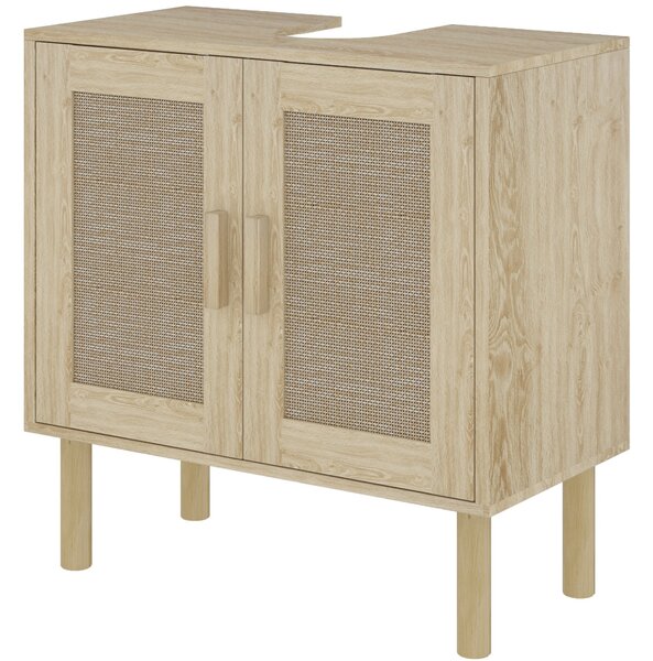 HOMCOM koupelnová skříňka pod umyvadlo, úložný prostor, ratanové dveře, bohémský styl, nohy z borovice, 2 úrovně, 60 x 30 x 60 cm, Dub | Aosom