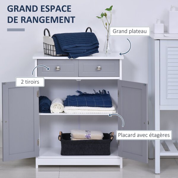 Kleankin Úložný Kabinet, Koupelnový Kabinet, Skříň s 2 Dveřmi a 2 Zásuvkami - 60 x 30 x 75 cm - Šedá a Bílá | Aosom