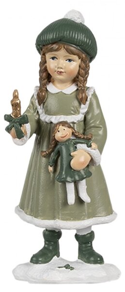 Dekorativní figurka holčička v zeleném kabátku s panenkou a svíčkou – 11 cm