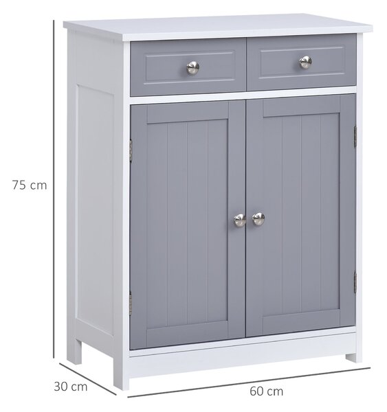Kleankin Úložný Kabinet, Koupelnový Kabinet, Skříň s 2 Dveřmi a 2 Zásuvkami - 60 x 30 x 75 cm - Šedá a Bílá | Aosom