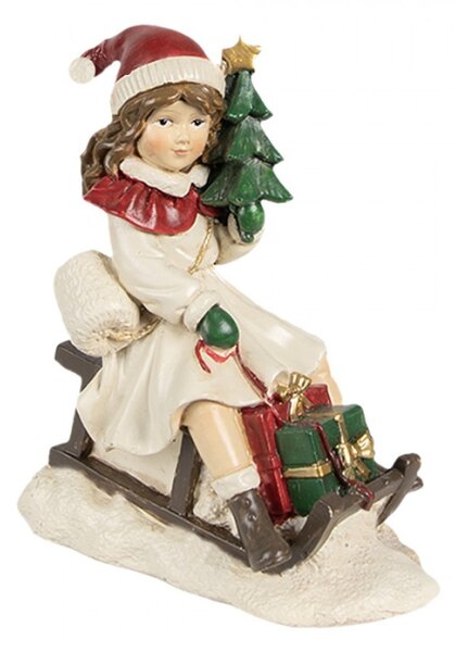 Dekorativní figurka holčička v bílém kožíšku na sáních – 10x6x12 cm