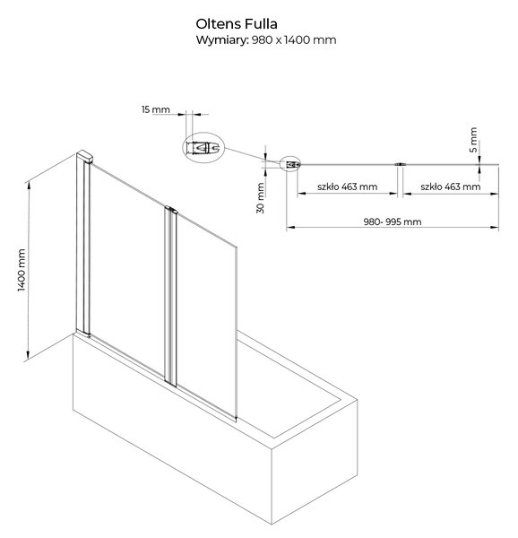 Oltens Fulla vanová zástěna 98 cm dvoudílný chrom lesk/čiré sklo 23204100